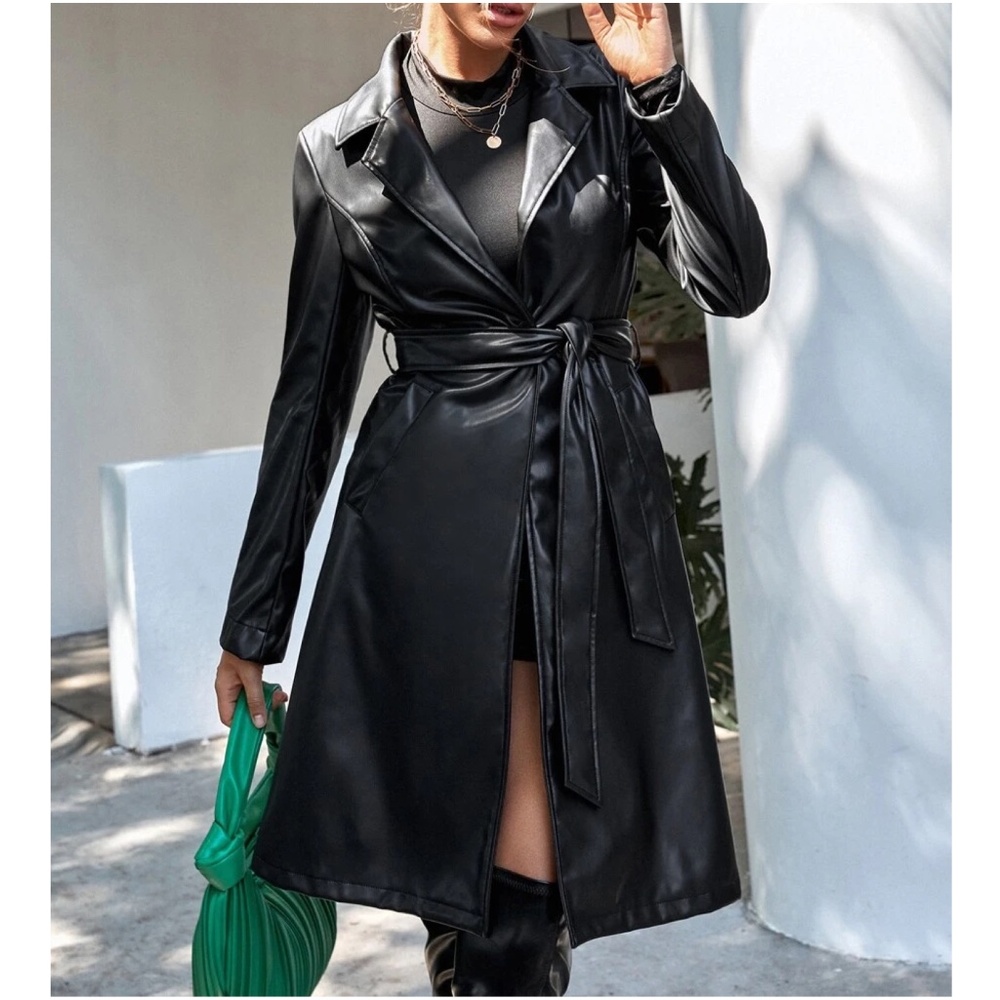 Luxe Black Vegan Leather belted Jacket Coat - Picture 2 of 6